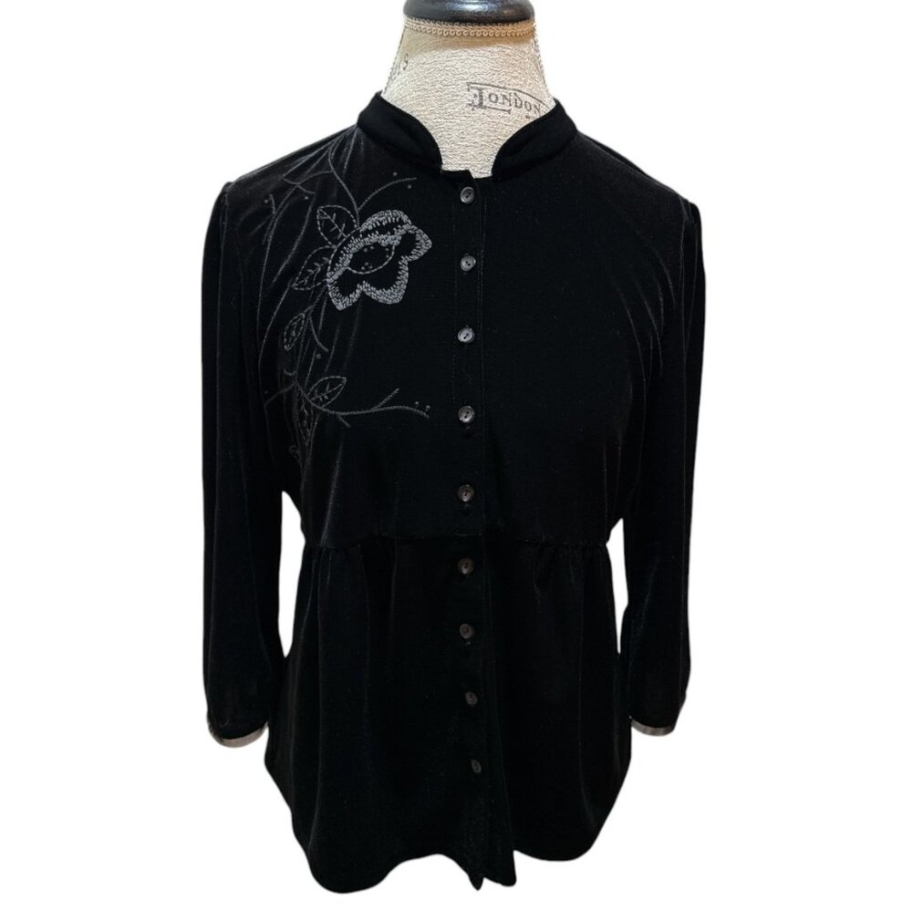 J Jill Sz M Petite Black Velvet 3/4 Sleeve Button Up Flower Motif Stretch Blouse